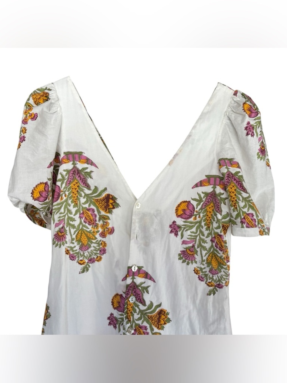 Alix of Bohemia Bianca Belle Hand-Printed Floral Midi Dress Small White Pink - Picture 4 of 10